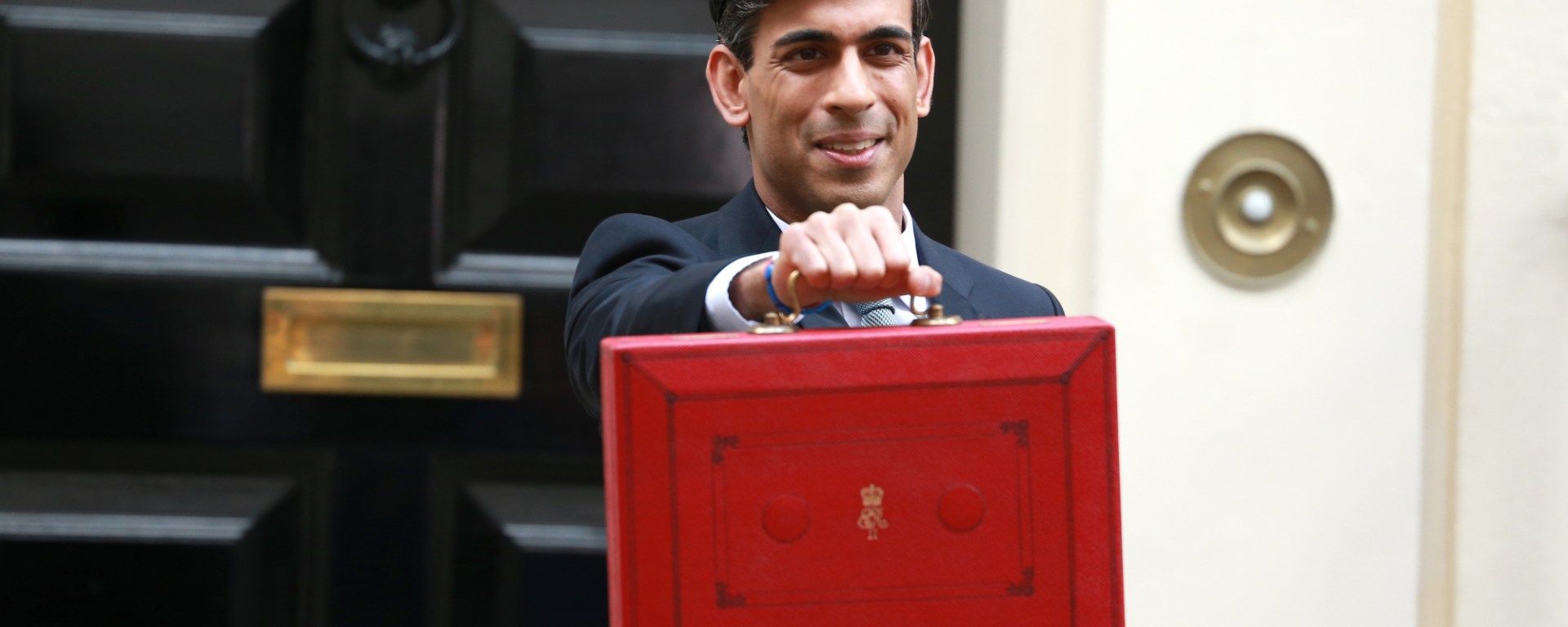 Rishi Sunak chancellor of the exchequer standing with the red budget briefcase
