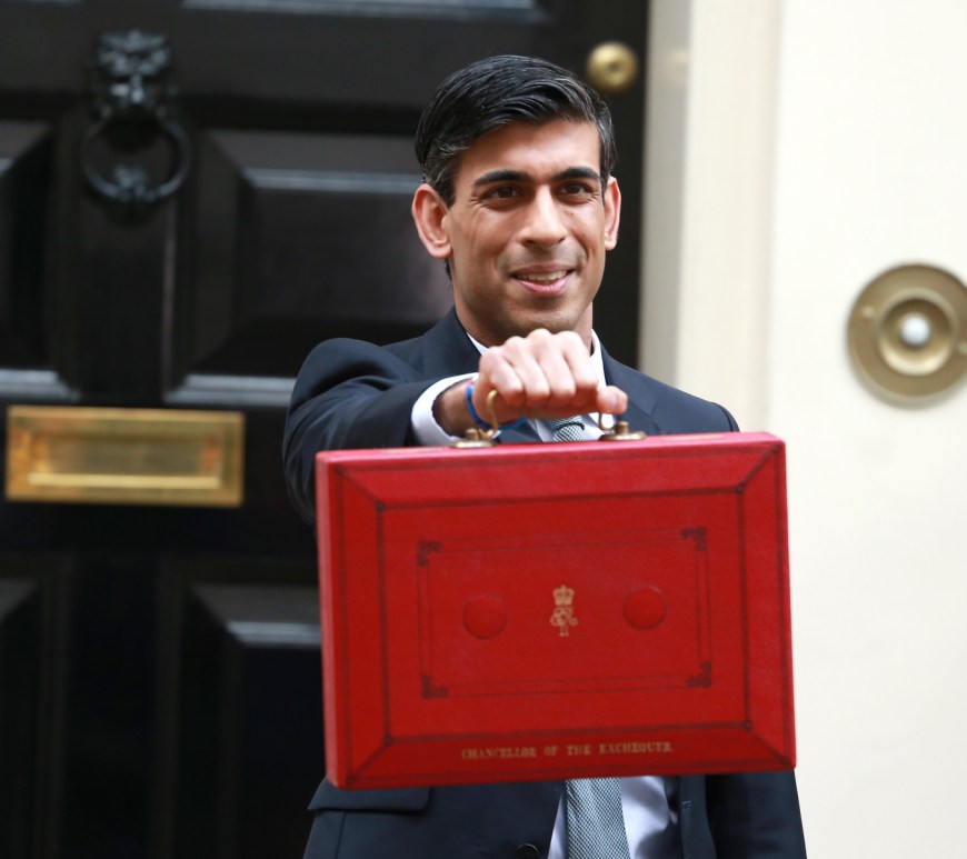 Rishi Sunak chancellor of the exchequer standing with the red budget briefcase
